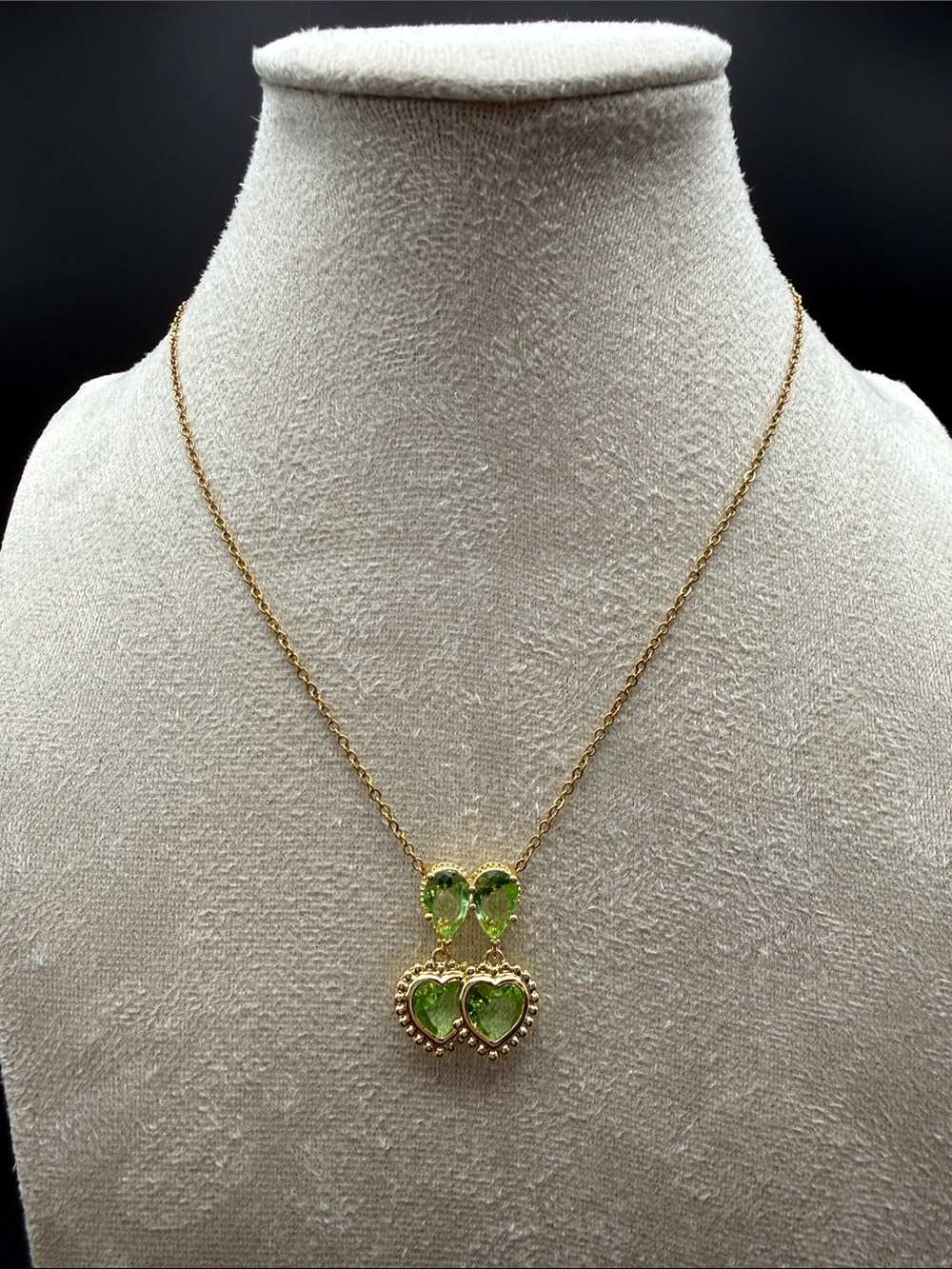 Stainless Steel Gold Tone Green Heart Dangle Pendant Necklace